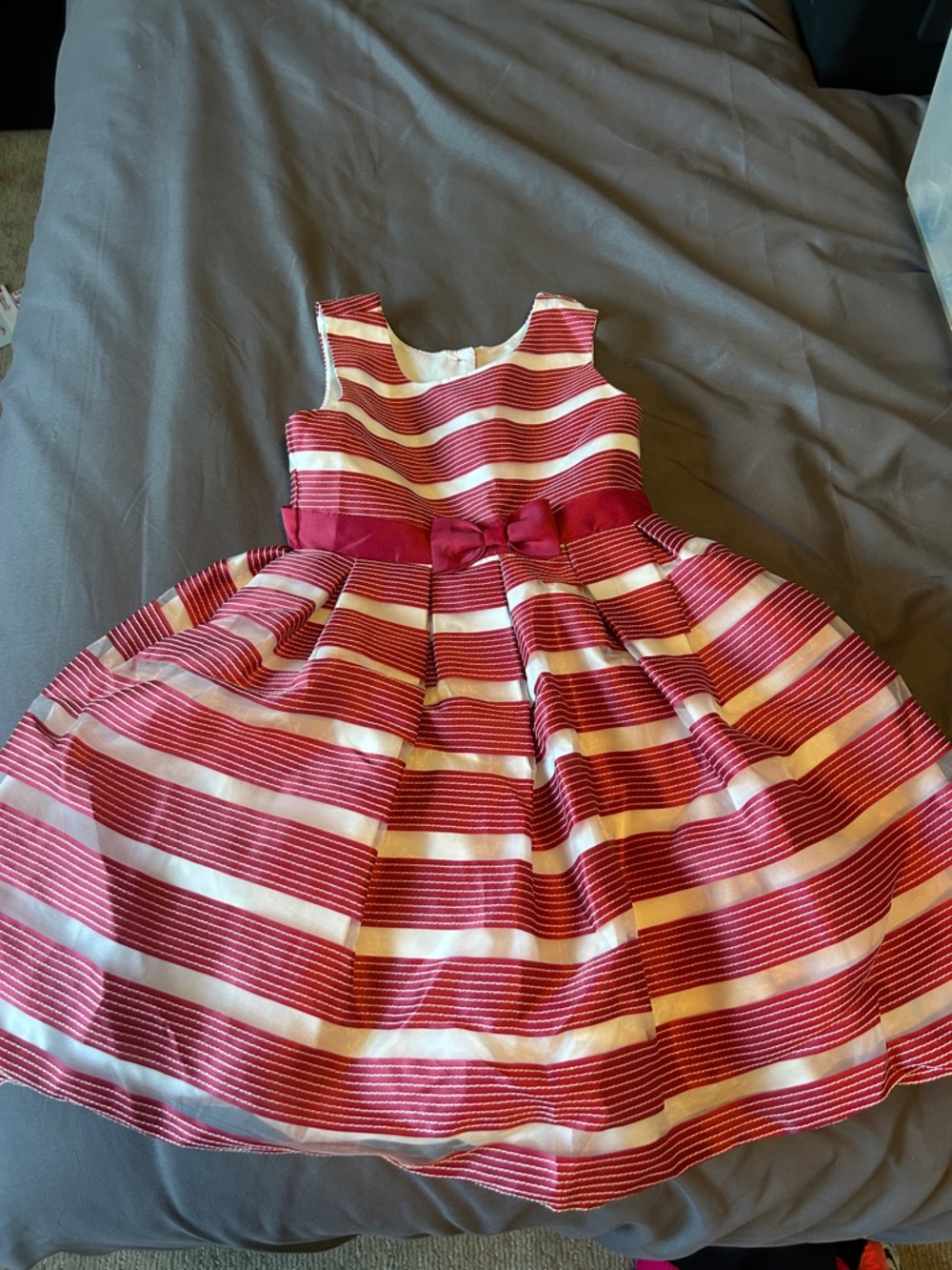 Jona Michelle Crimson and White Striped Party Dress with Bow Accent